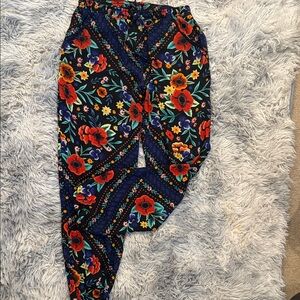 Olivaceous Navy Wide-Leg Floral Pants with Red & Yellow Blooms